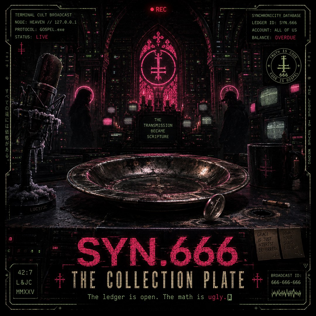 SYN.666 — The Collection Plate. The transmission became scripture. The ledger is open. The math is ugly.