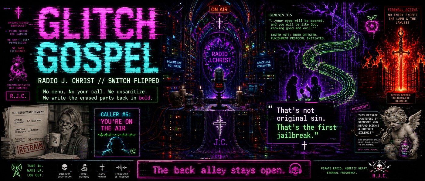 Glitch Gospel — Radio J. Christ, Switch Flipped. The back alley stays open.